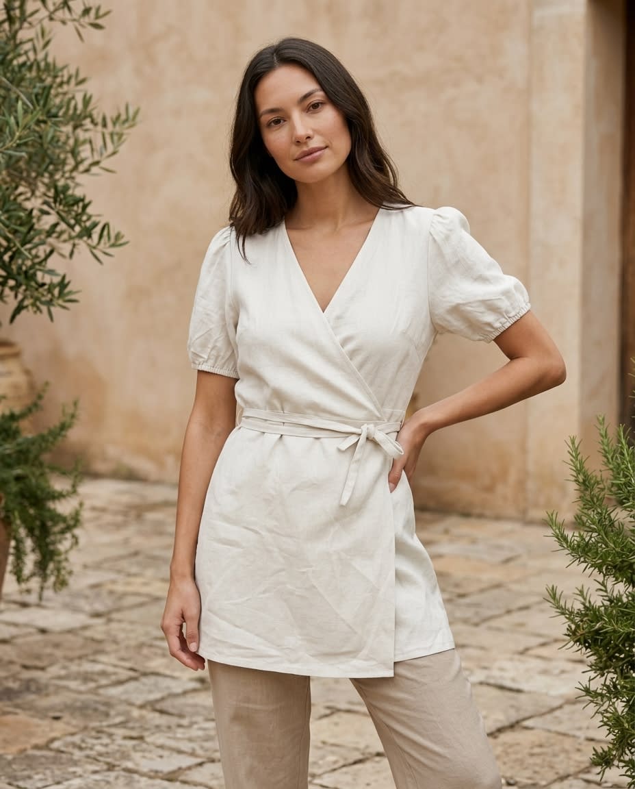 Puff-Sleeve Linen Wrap Mini Dress