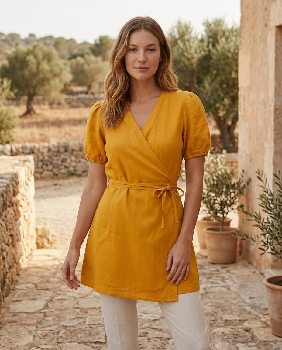 Puff-Sleeve Linen Wrap Mini Dress