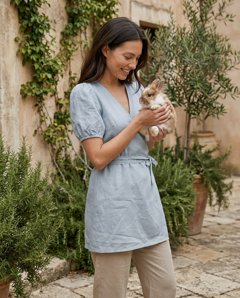 Puff-Sleeve Linen Wrap Mini Dress