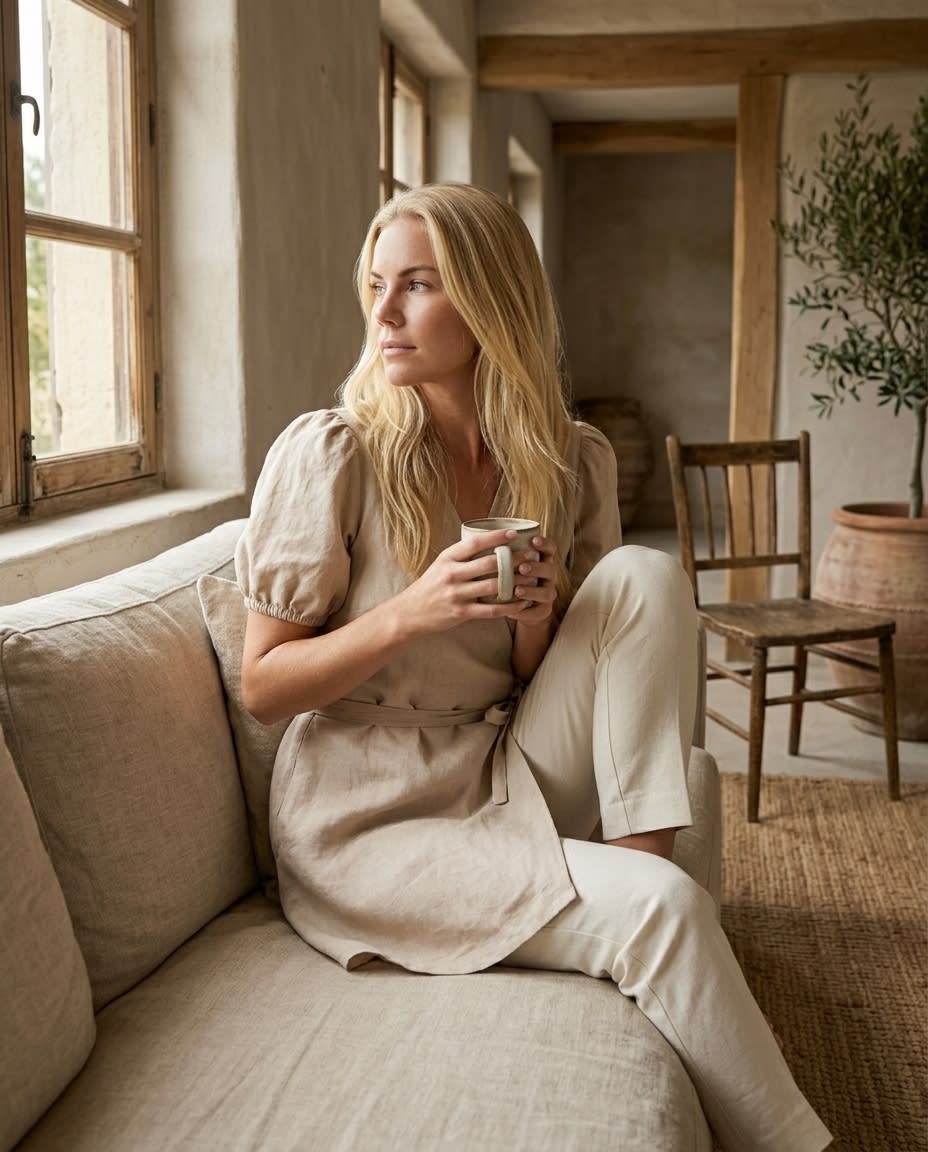 Puff-Sleeve Linen Wrap Mini Dress