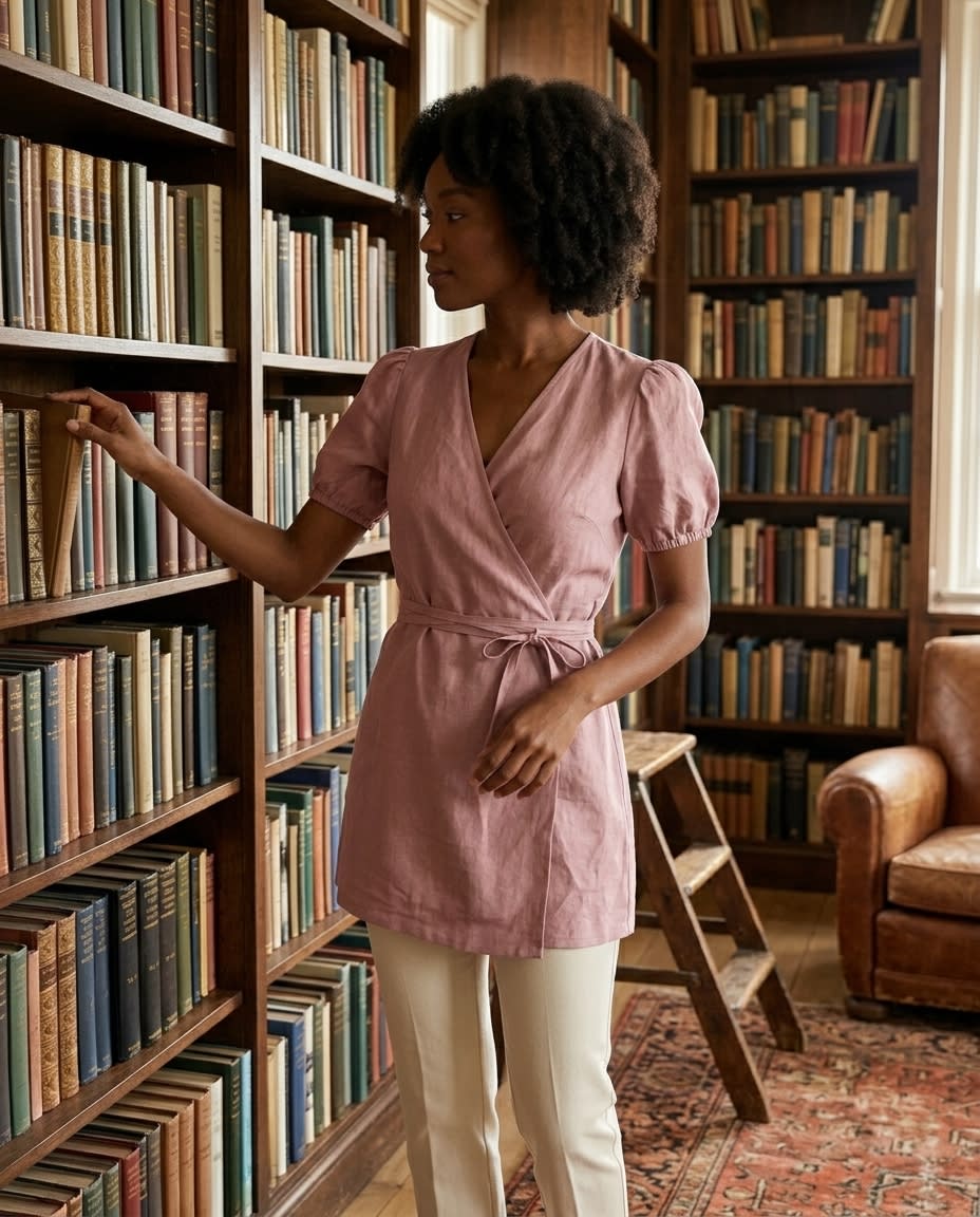 Puff-Sleeve Linen Wrap Mini Dress