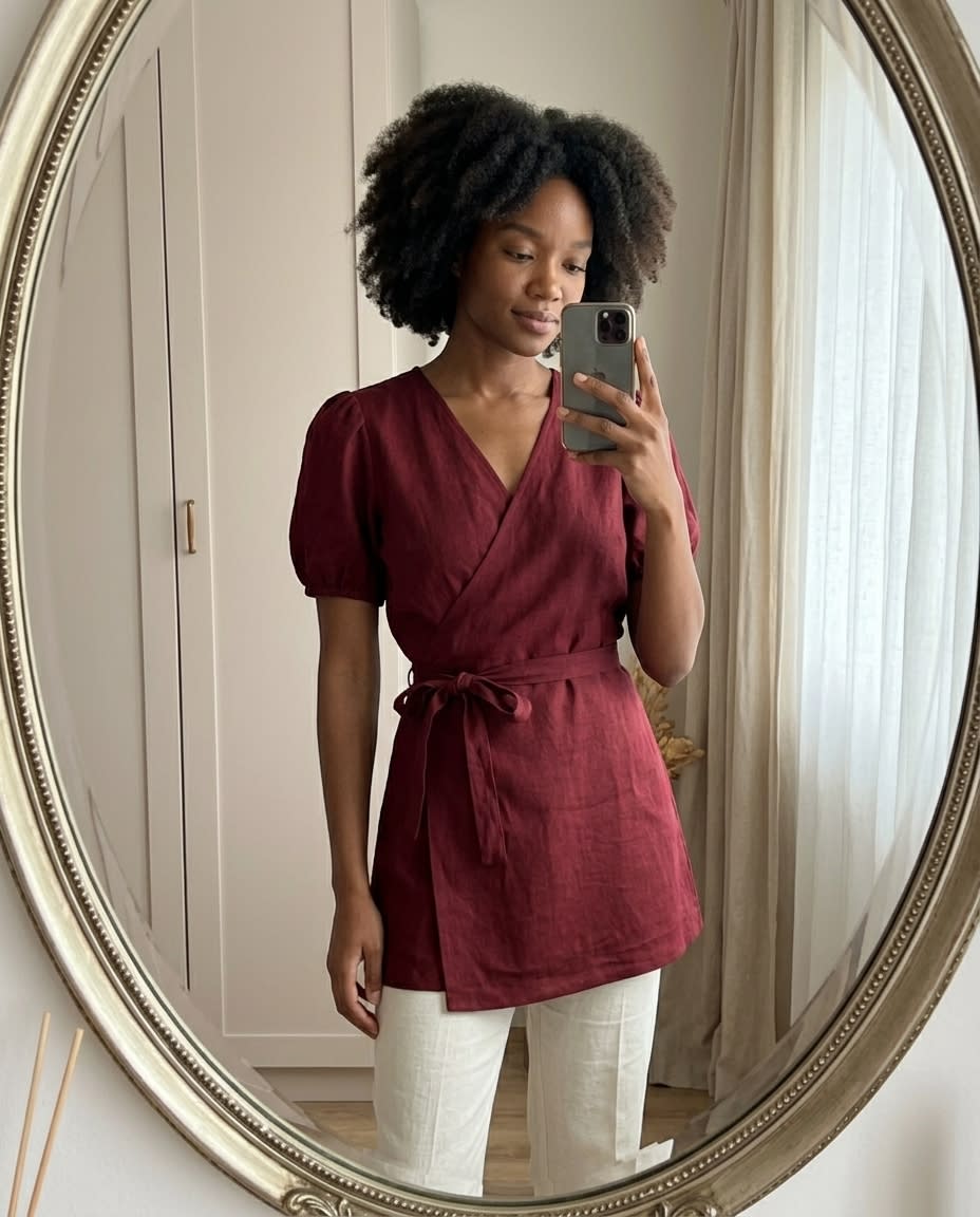 Puff-Sleeve Linen Wrap Mini Dress