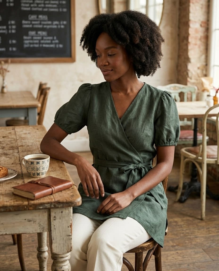 Puff-Sleeve Linen Wrap Mini Dress