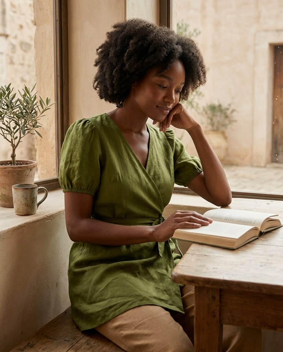 Puff-Sleeve Linen Wrap Mini Dress