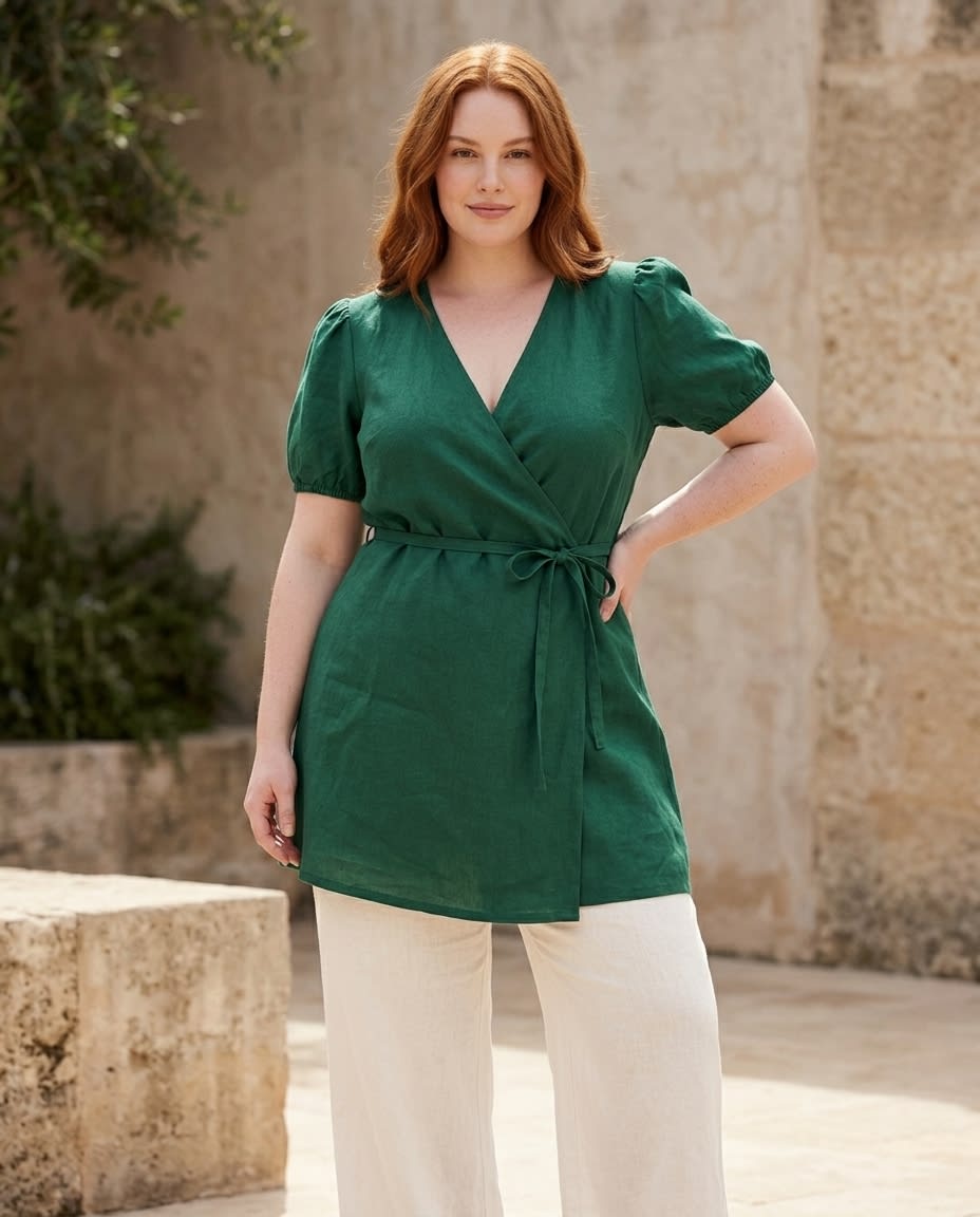 Puff-Sleeve Linen Wrap Mini Dress