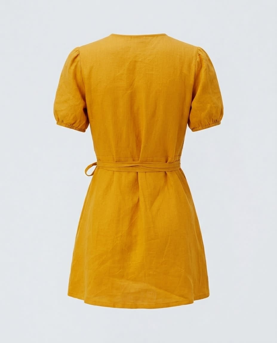 Puff-Sleeve Linen Wrap Mini Dress