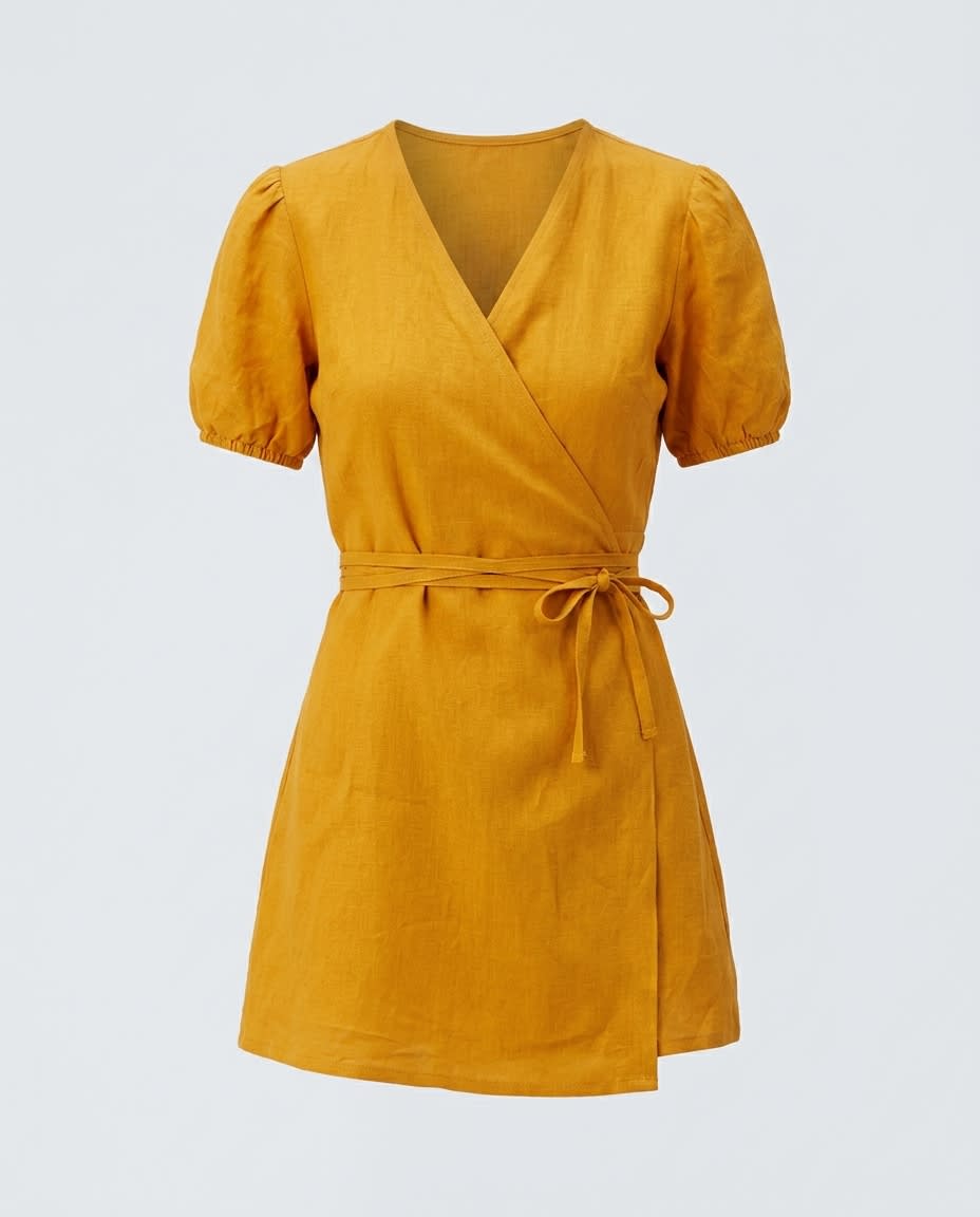 Puff-Sleeve Linen Wrap Mini Dress