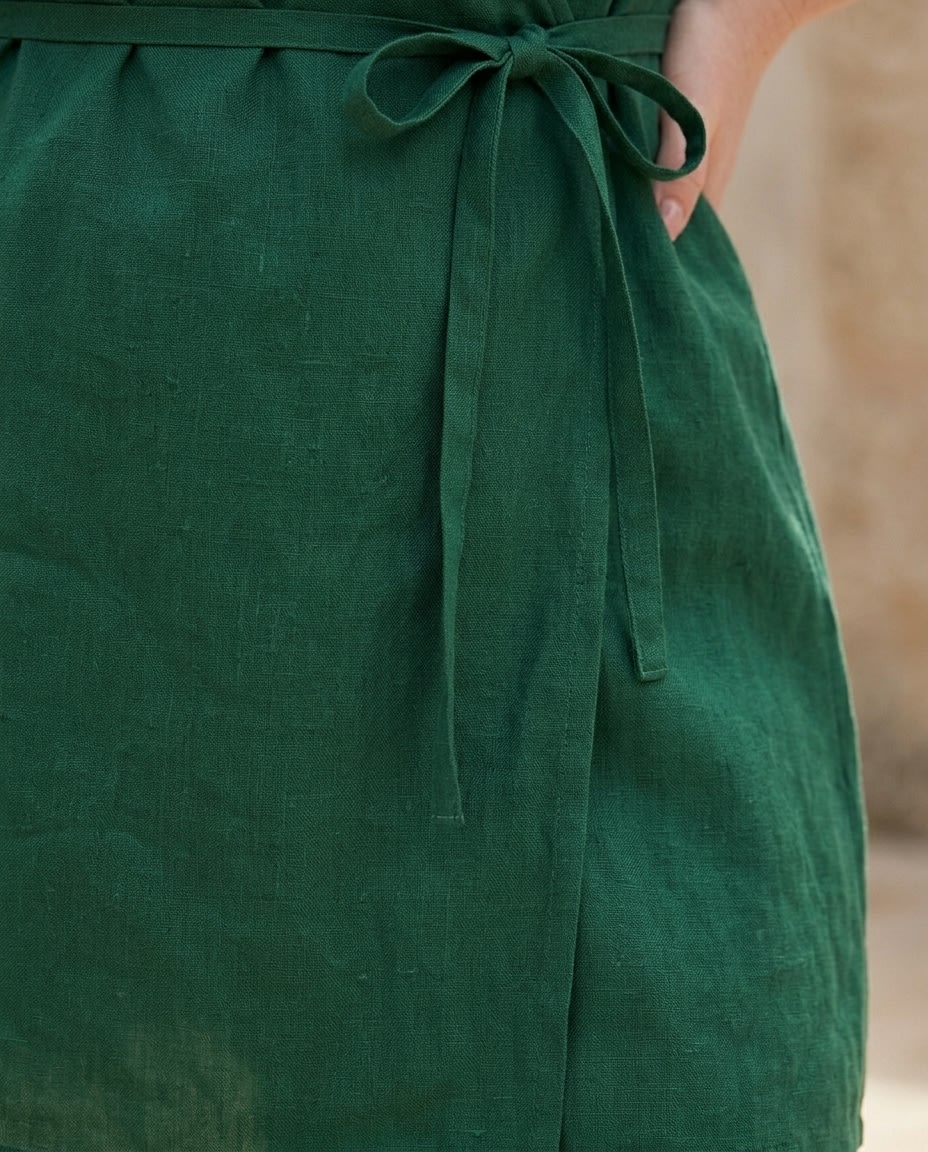 Puff-Sleeve Linen Wrap Mini Dress