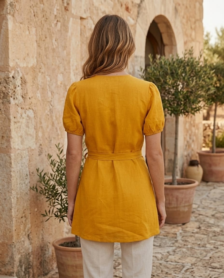 Puff-Sleeve Linen Wrap Mini Dress