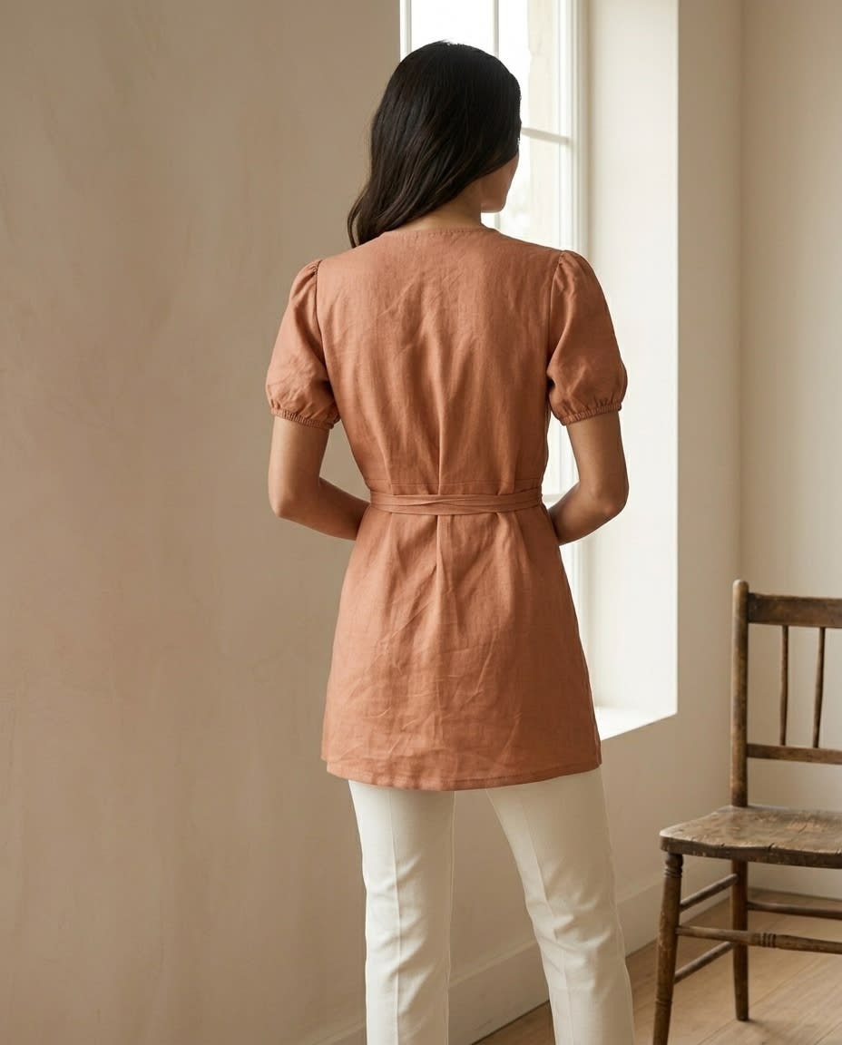 Puff-Sleeve Linen Wrap Mini Dress