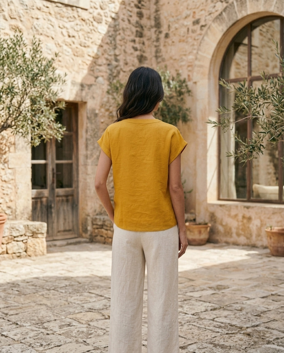 Linen Blouse — V-Neck Cap Sleeve Top | 100% Organic Linen