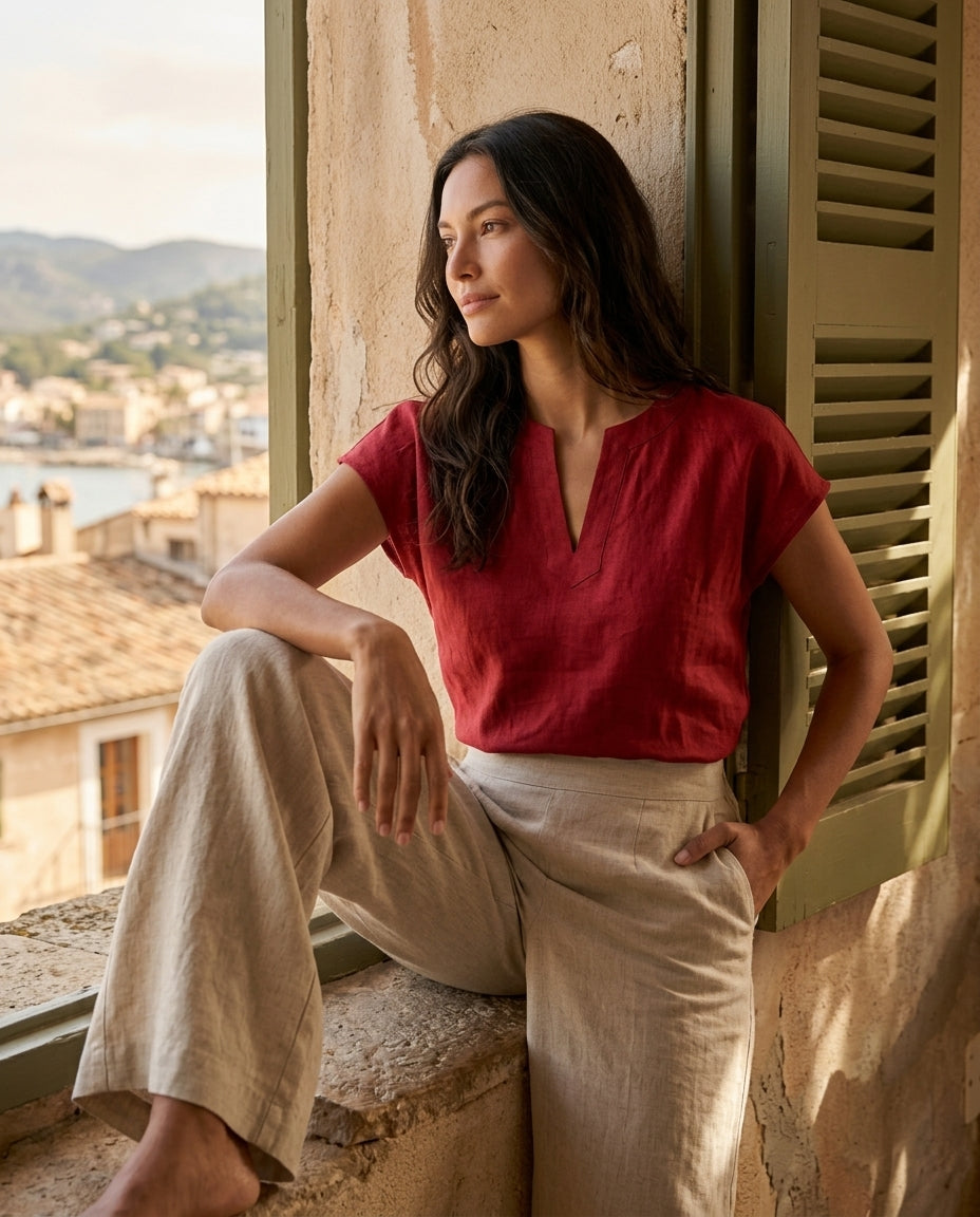 Linen Blouse — V-Neck Cap Sleeve Top | 100% Organic Linen