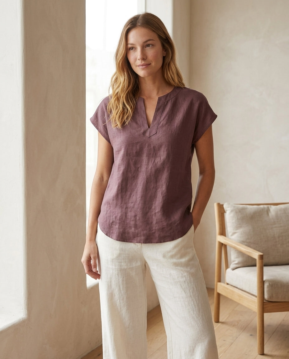 Linen Blouse — V-Neck Cap Sleeve Top | 100% Organic Linen