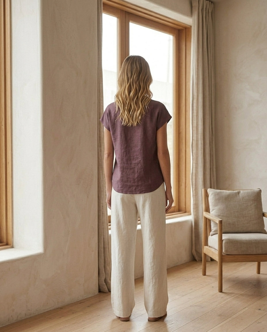 Linen Blouse — V-Neck Cap Sleeve Top | 100% Organic Linen
