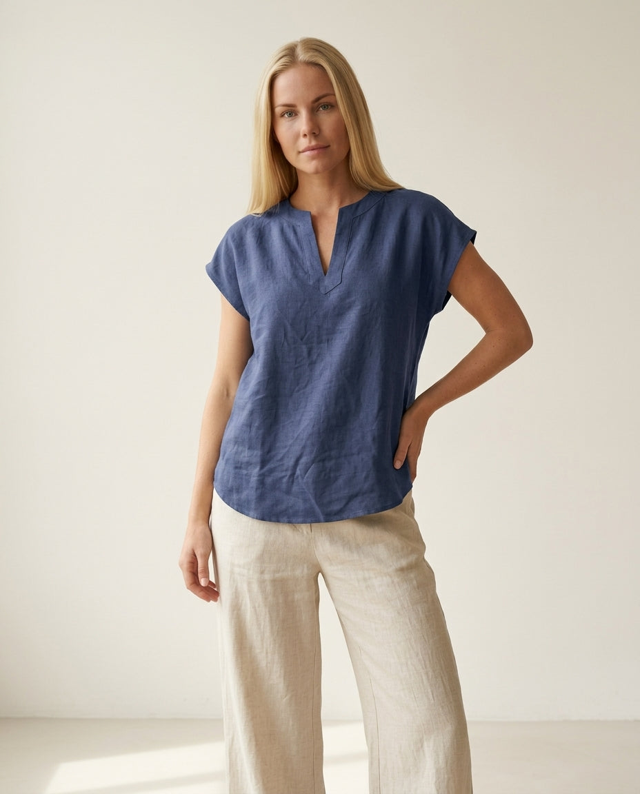 Linen Blouse — V-Neck Cap Sleeve Top | 100% Organic Linen