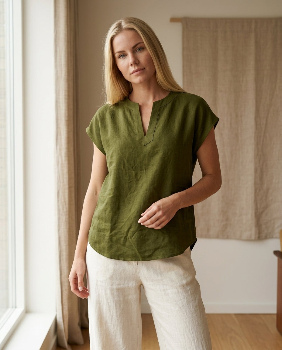 Linen Blouse — V-Neck Cap Sleeve Top | 100% Organic Linen