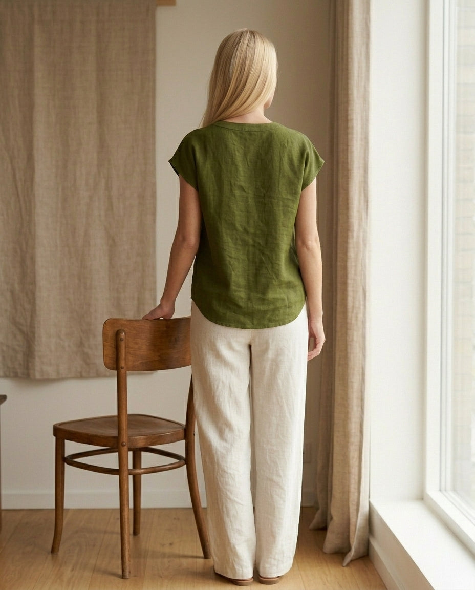 Linen Blouse — V-Neck Cap Sleeve Top | 100% Organic Linen