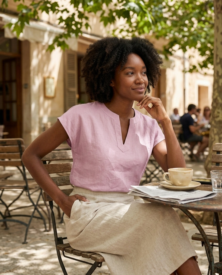 Linen Blouse — V-Neck Cap Sleeve Top | 100% Organic Linen