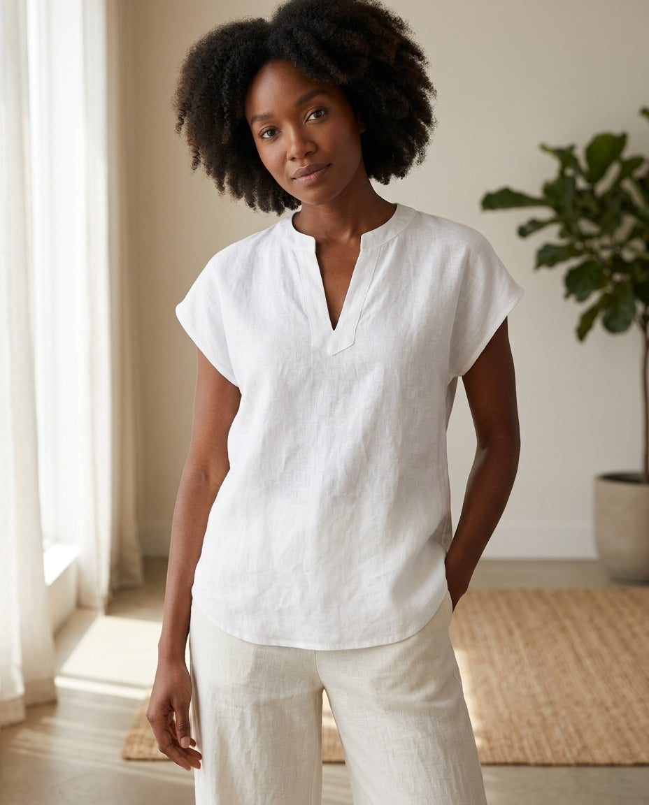 Linen Blouse — V-Neck Cap Sleeve Top | 100% Organic Linen