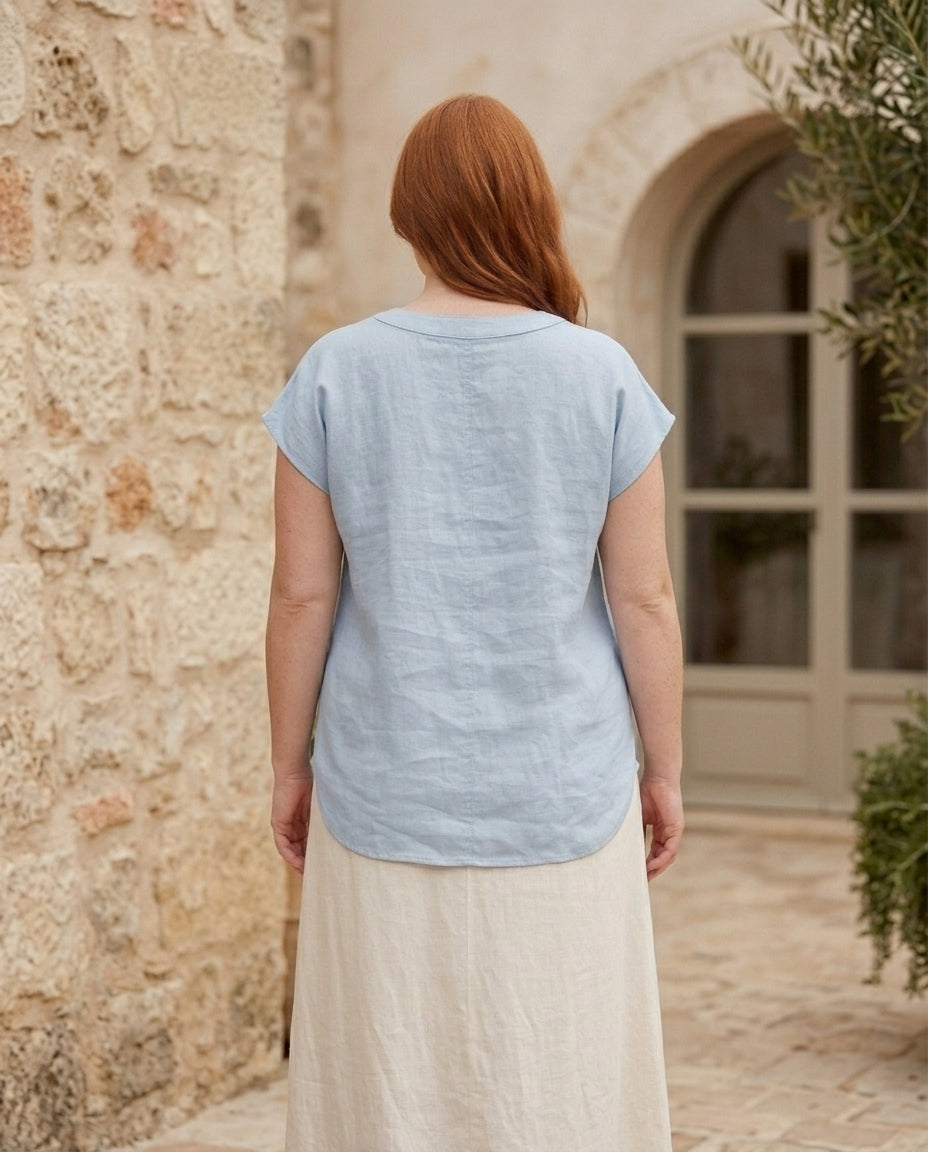 Linen Blouse — V-Neck Cap Sleeve Top | 100% Organic Linen