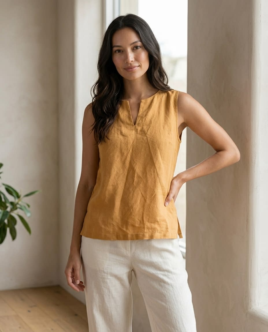 Sleeveless Split-Neck Linen Shell Top
