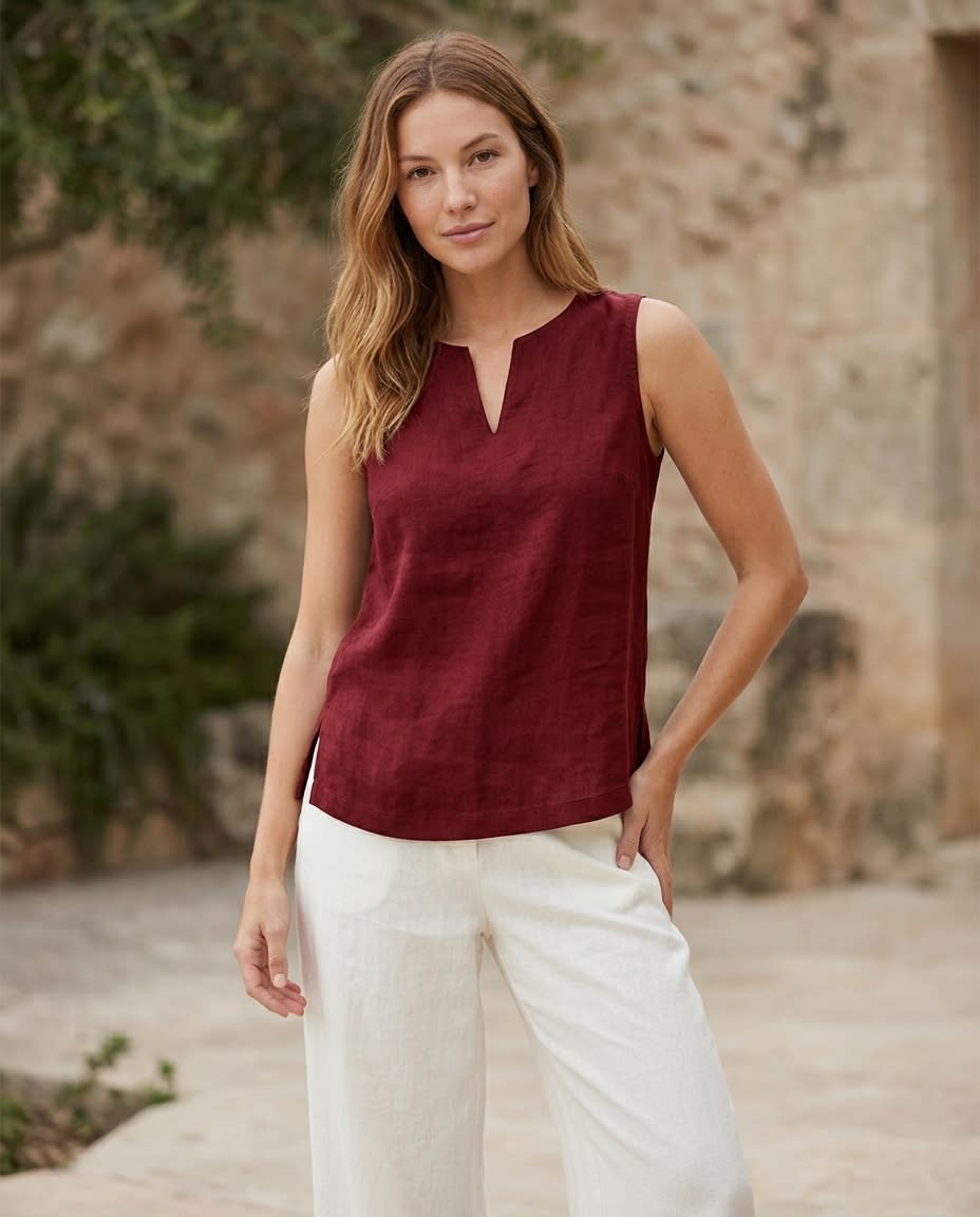 Sleeveless Split-Neck Linen Shell Top