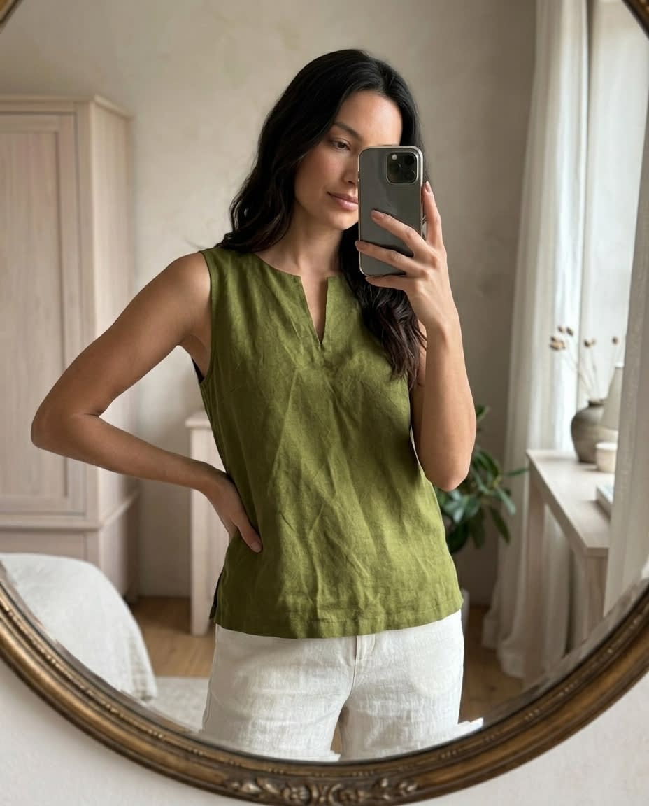 Sleeveless Split-Neck Linen Shell Top