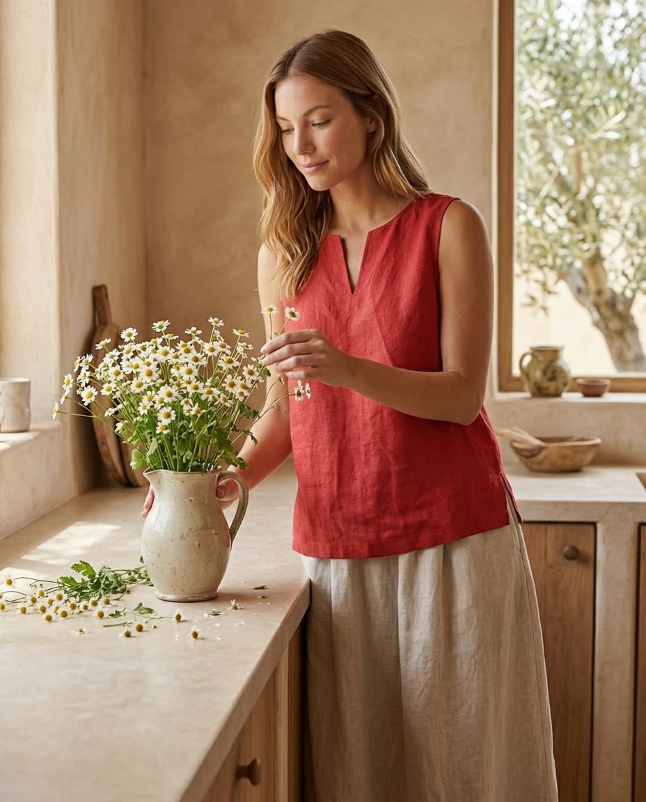 Sleeveless Split-Neck Linen Shell Top