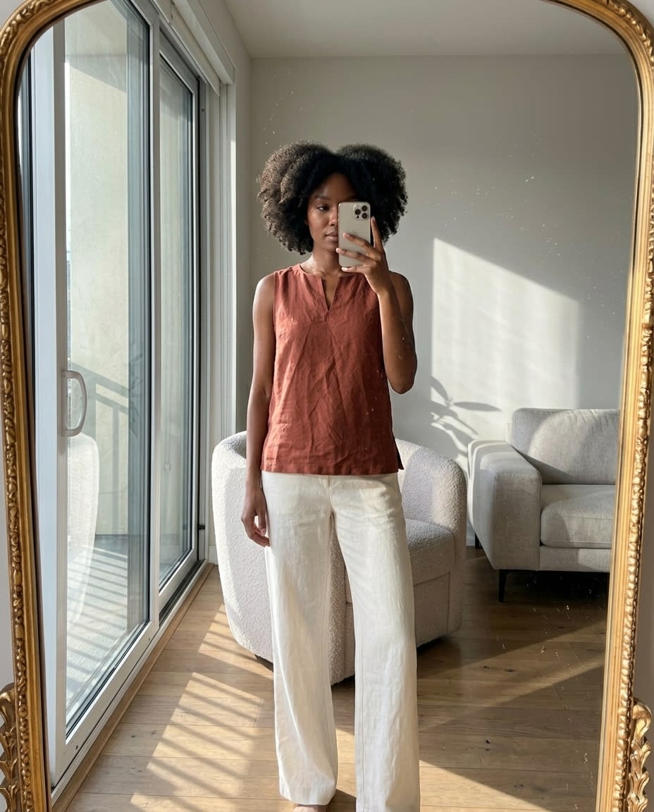 Sleeveless Split-Neck Linen Shell Top