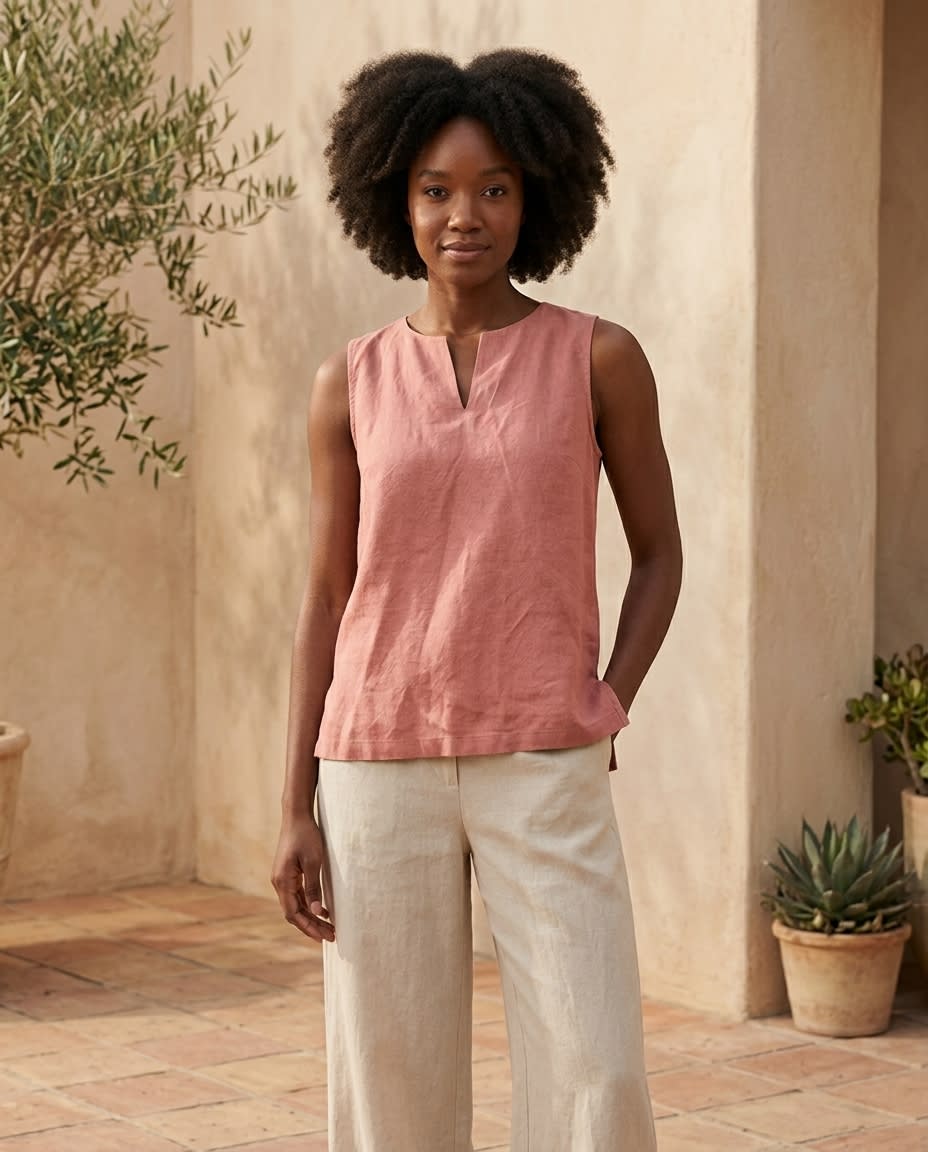Sleeveless Split-Neck Linen Shell Top