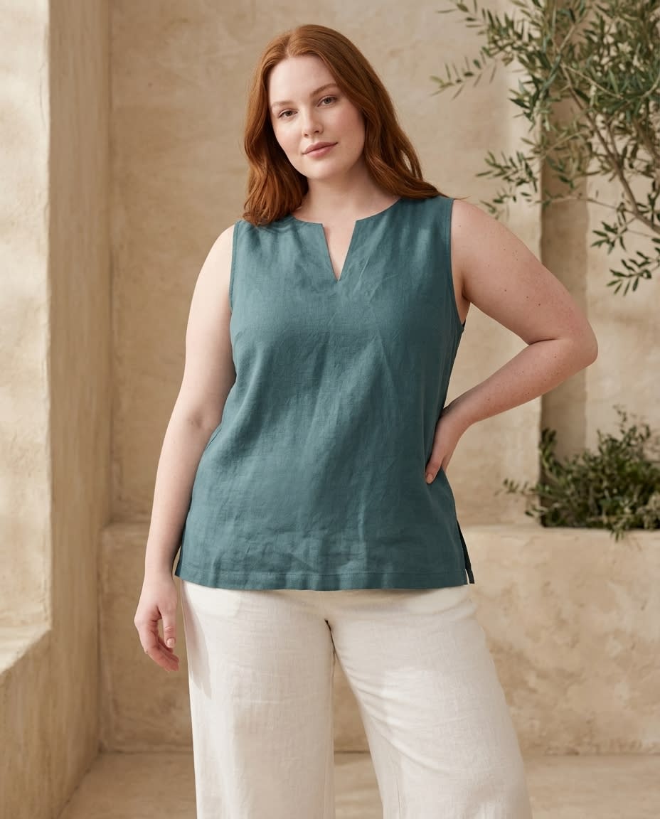 Sleeveless Split-Neck Linen Shell Top