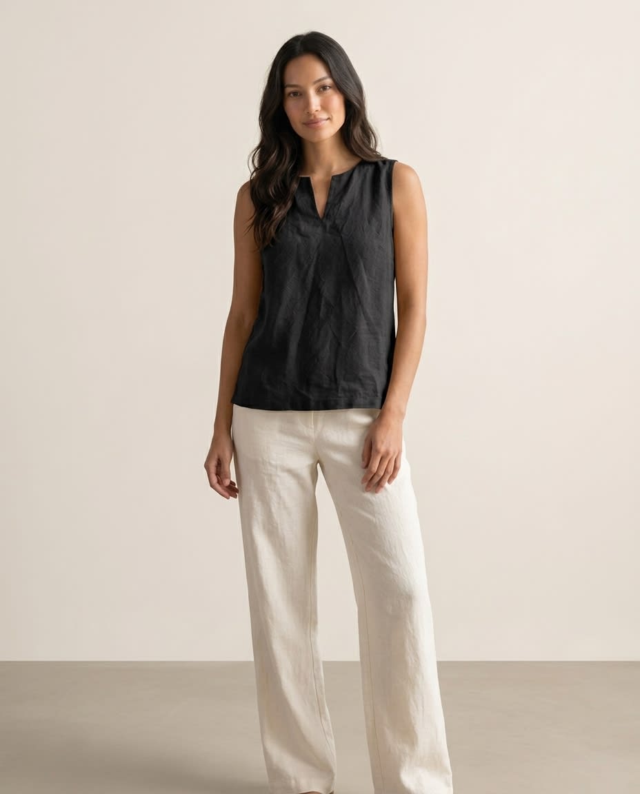 Sleeveless Split-Neck Linen Shell Top