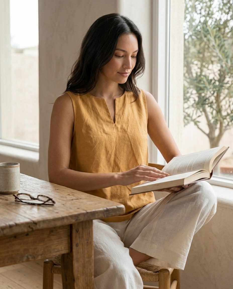 Sleeveless Split-Neck Linen Shell Top