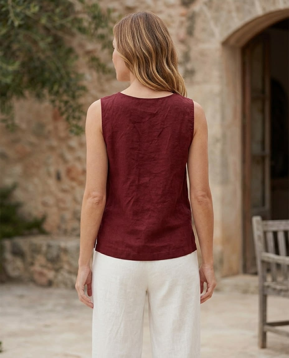 Sleeveless Split-Neck Linen Shell Top