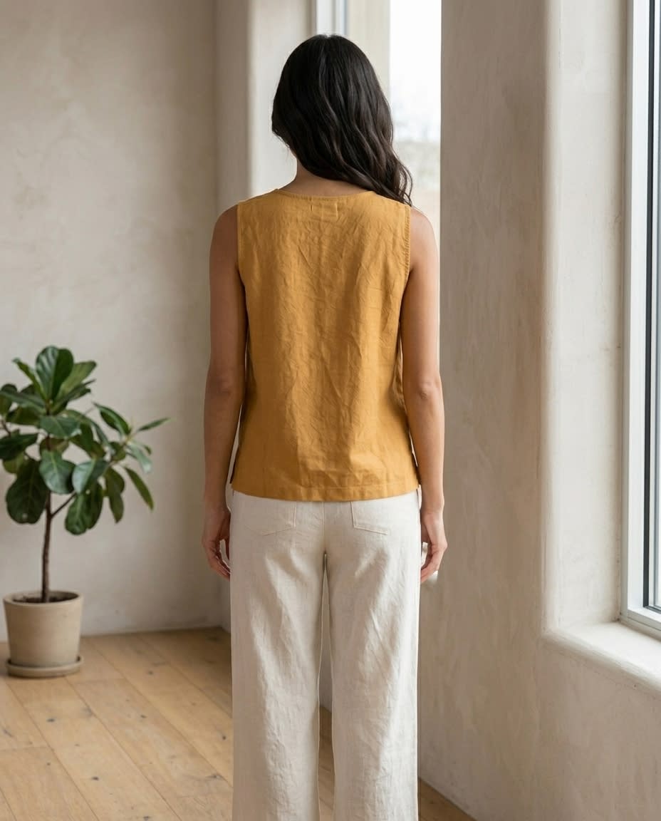 Sleeveless Split-Neck Linen Shell Top