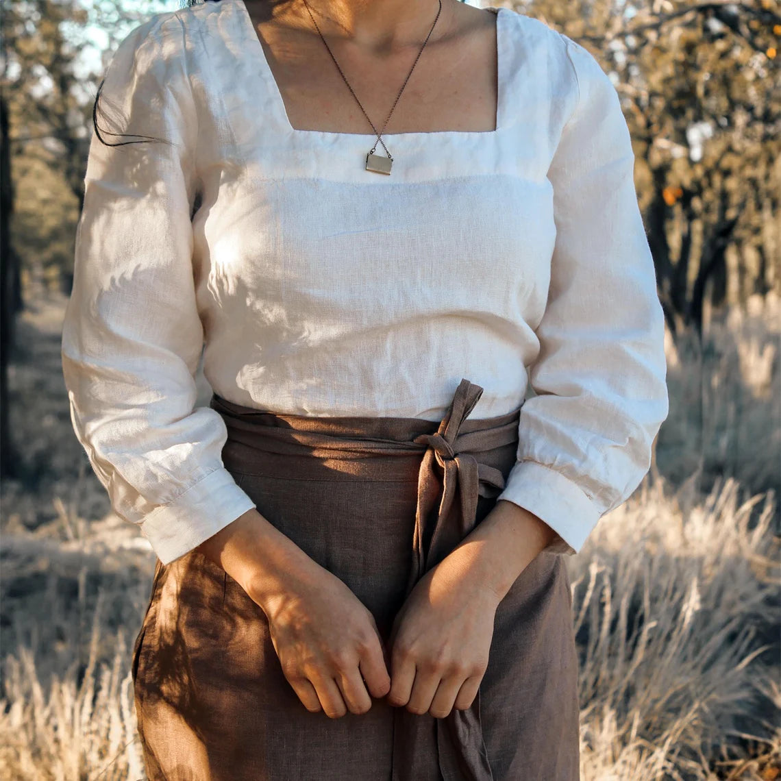 Cream Linen Blouse - Square Neck Top with Puffed Sleeves