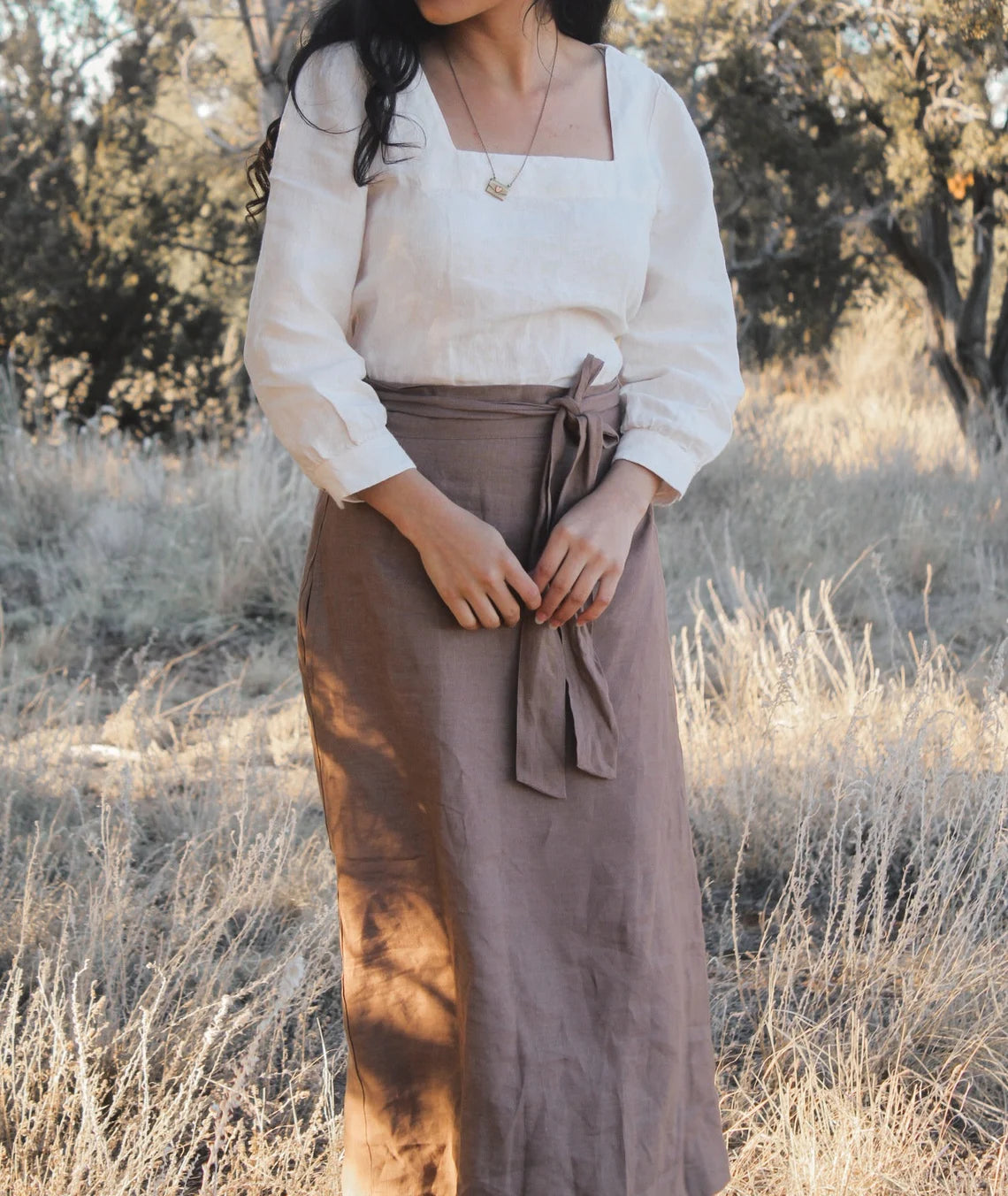 Cream Linen Blouse - Square Neck Top with Puffed Sleeves