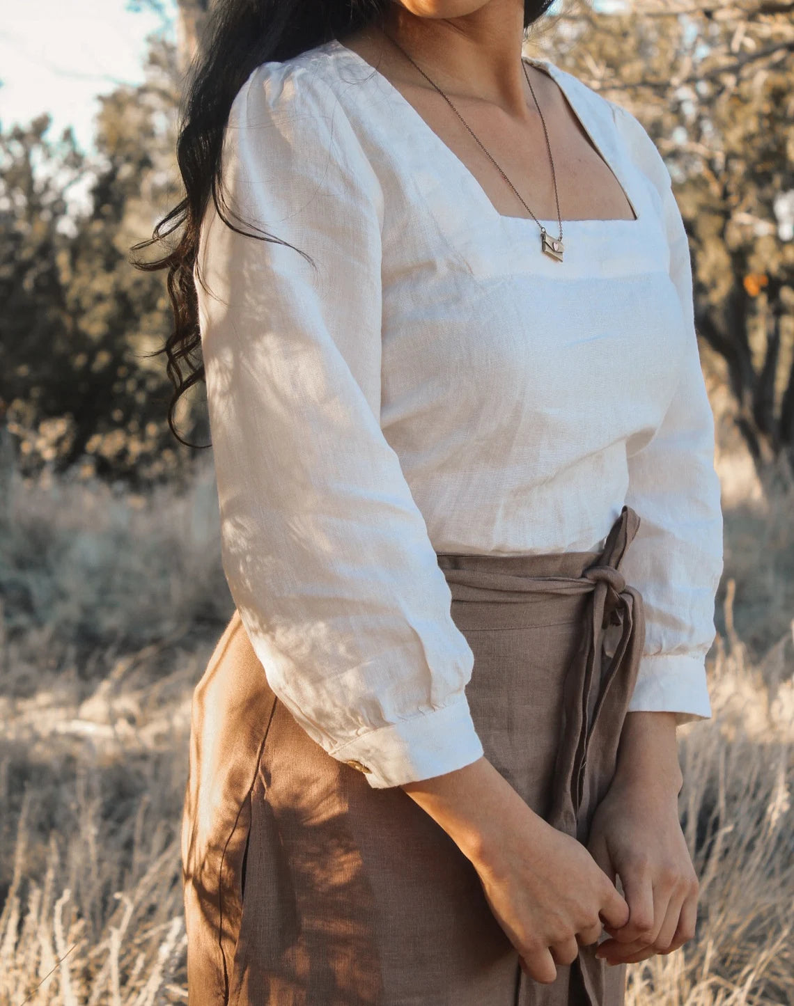 Cream Linen Blouse - Square Neck Top with Puffed Sleeves