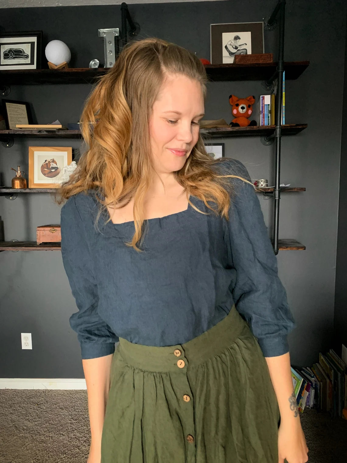 Cream Linen Blouse - Square Neck Top with Puffed Sleeves