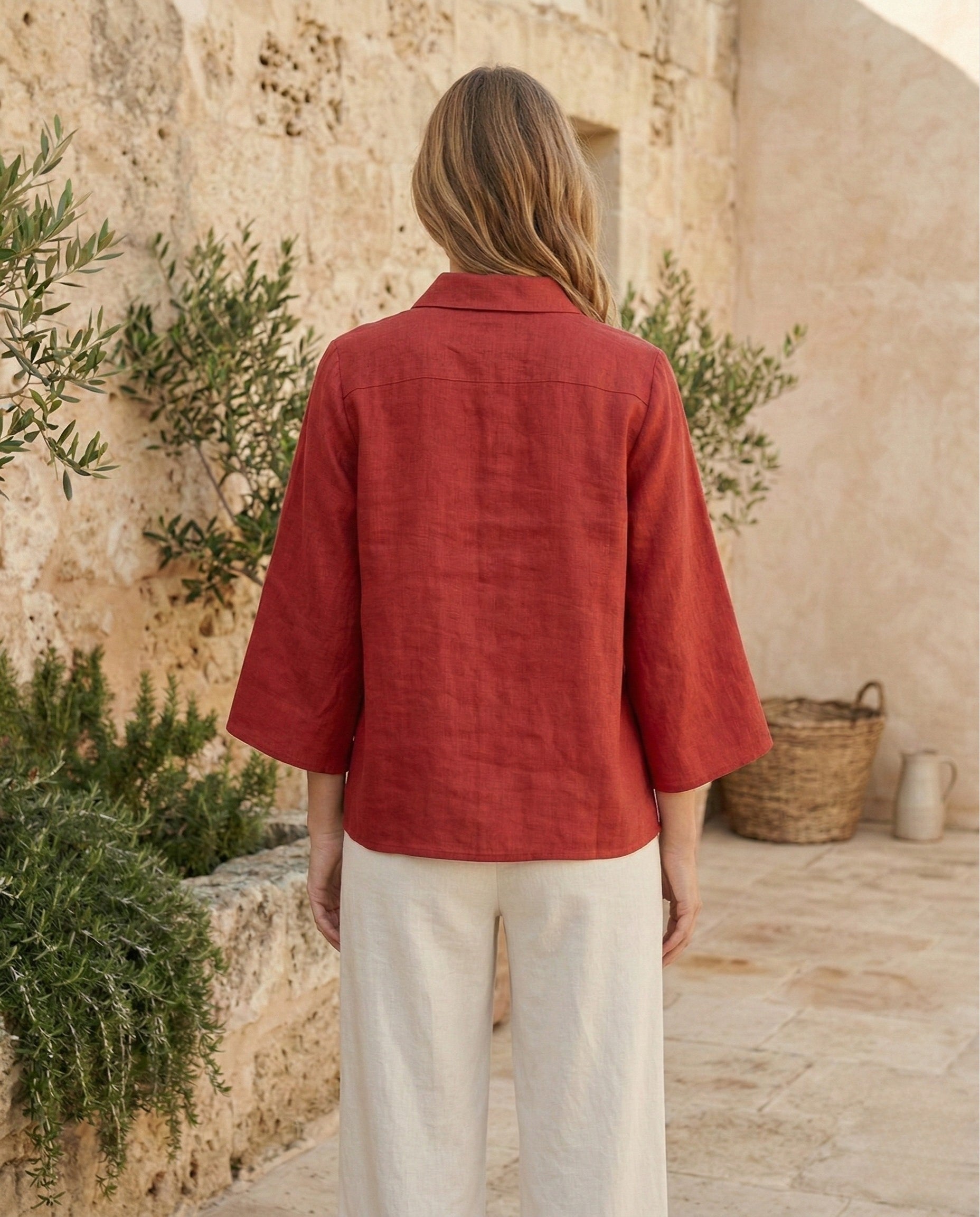 Linen Blouse with Batwing Sleeves