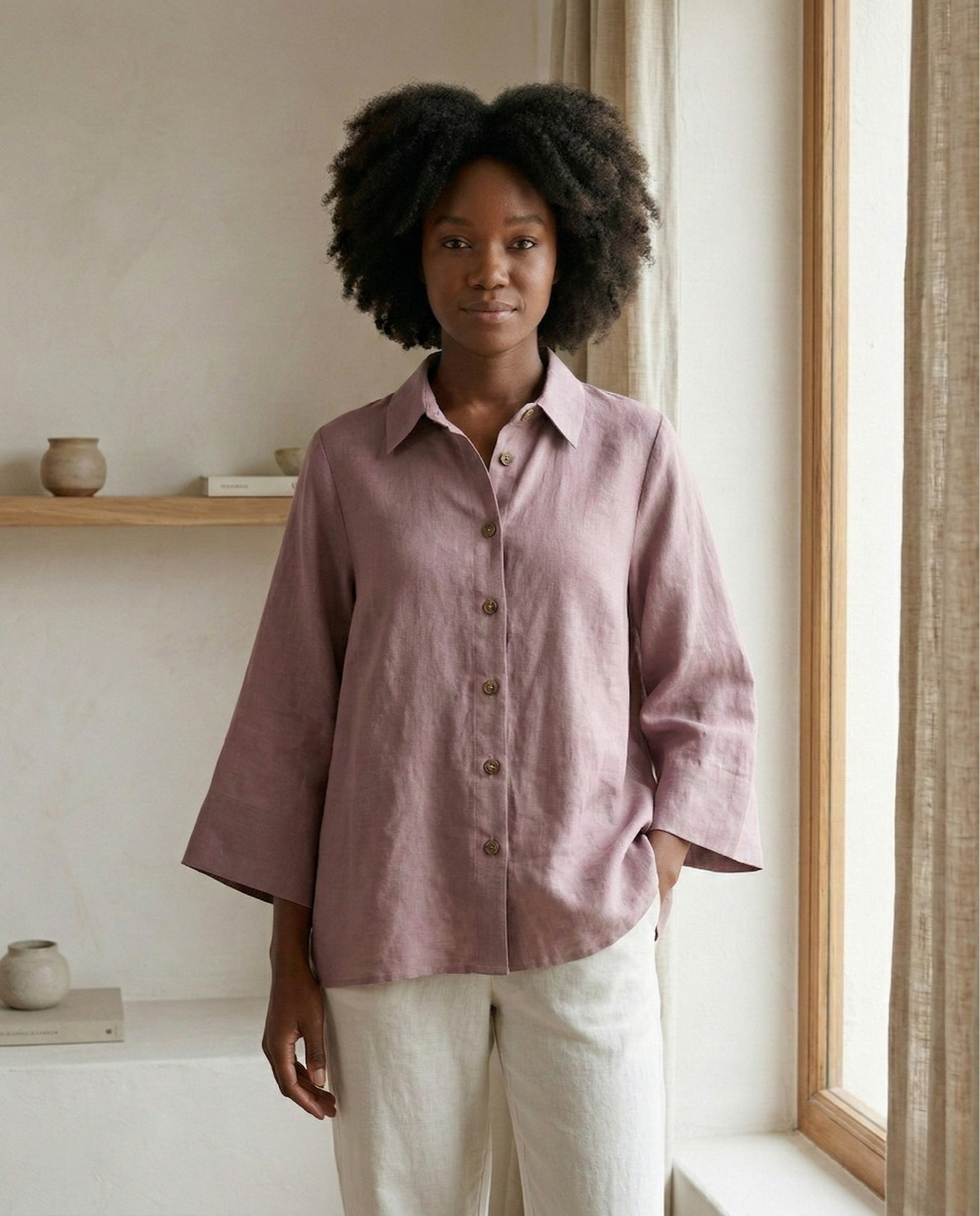 Linen Blouse with Batwing Sleeves