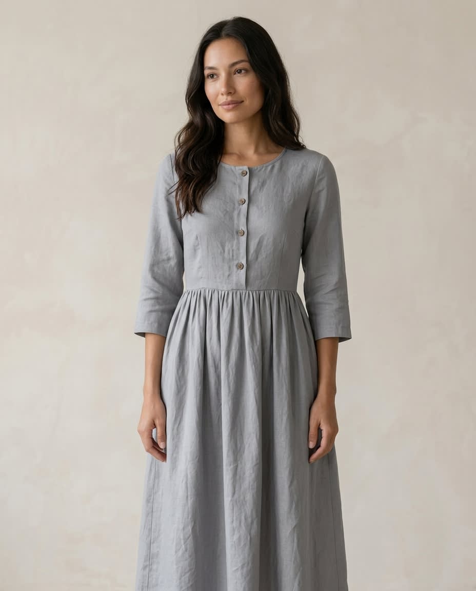 Buttoned Bodice Gathered Linen Midi Dress