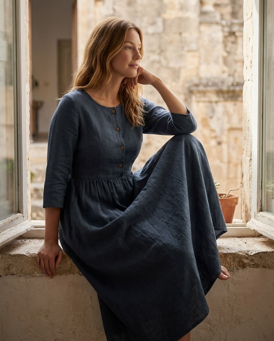 Buttoned Bodice Gathered Linen Midi Dress