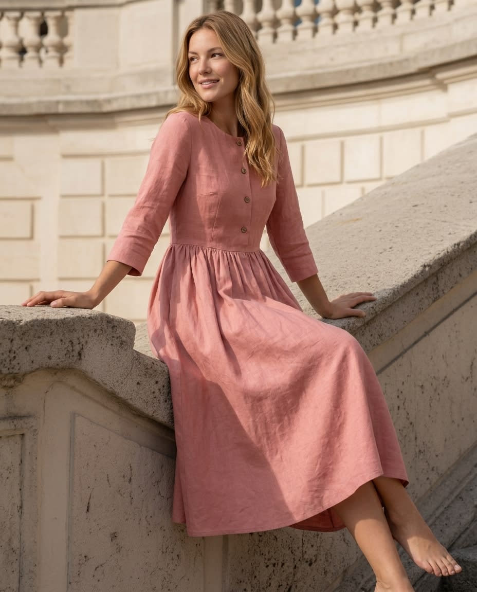 Buttoned Bodice Gathered Linen Midi Dress
