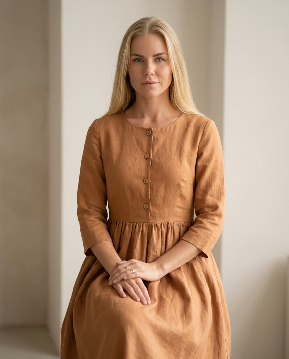 Buttoned Bodice Gathered Linen Midi Dress