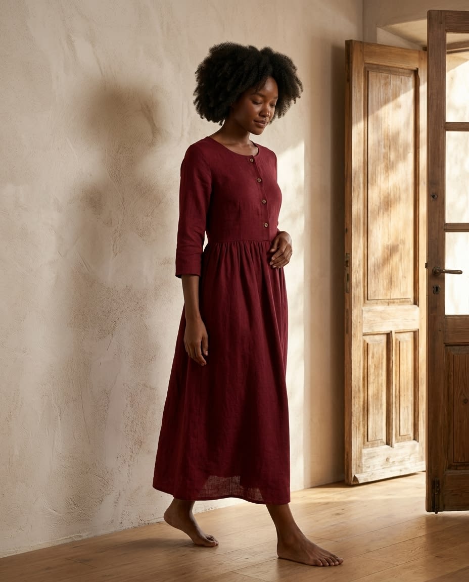 Buttoned Bodice Gathered Linen Midi Dress