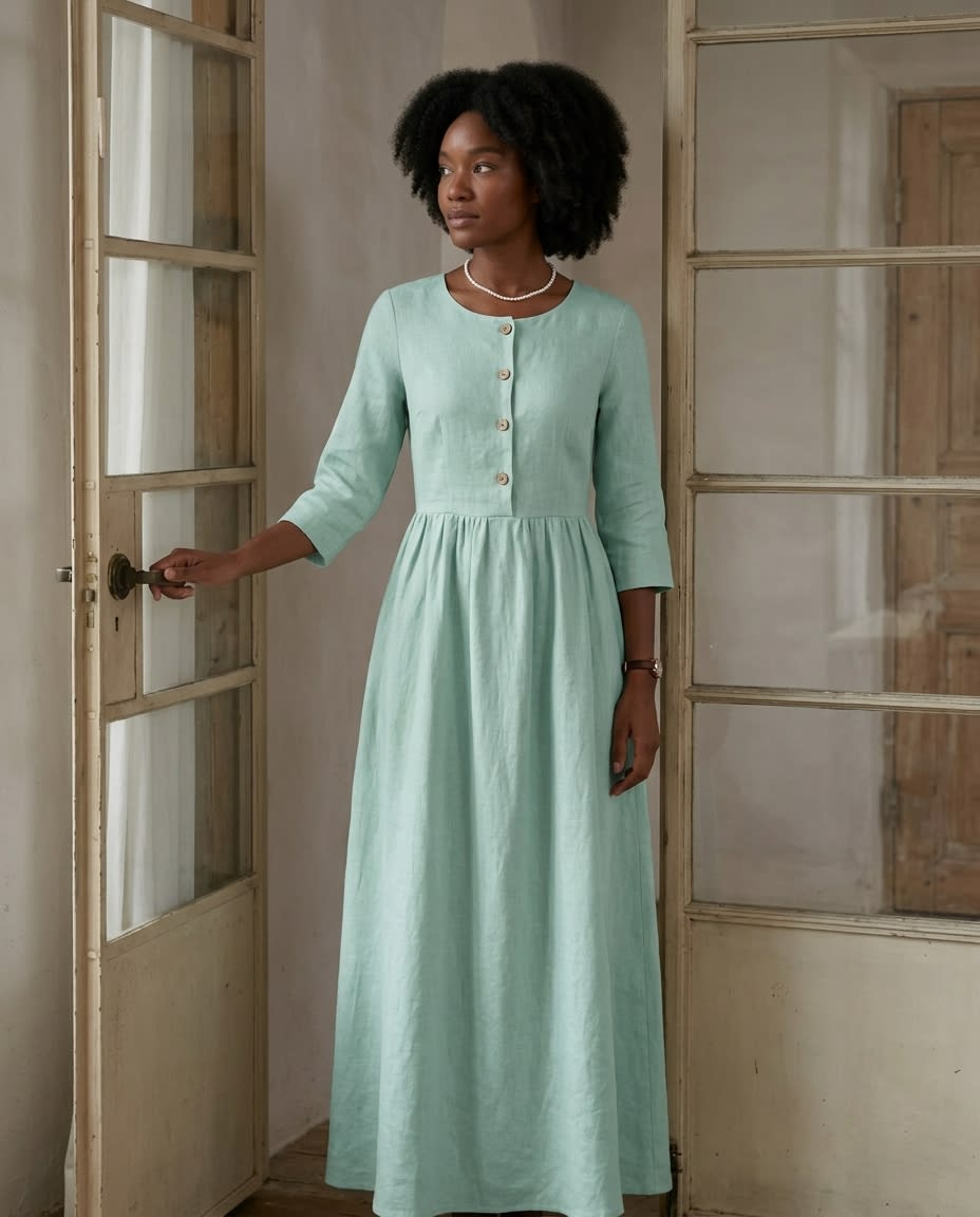 Buttoned Bodice Gathered Linen Midi Dress
