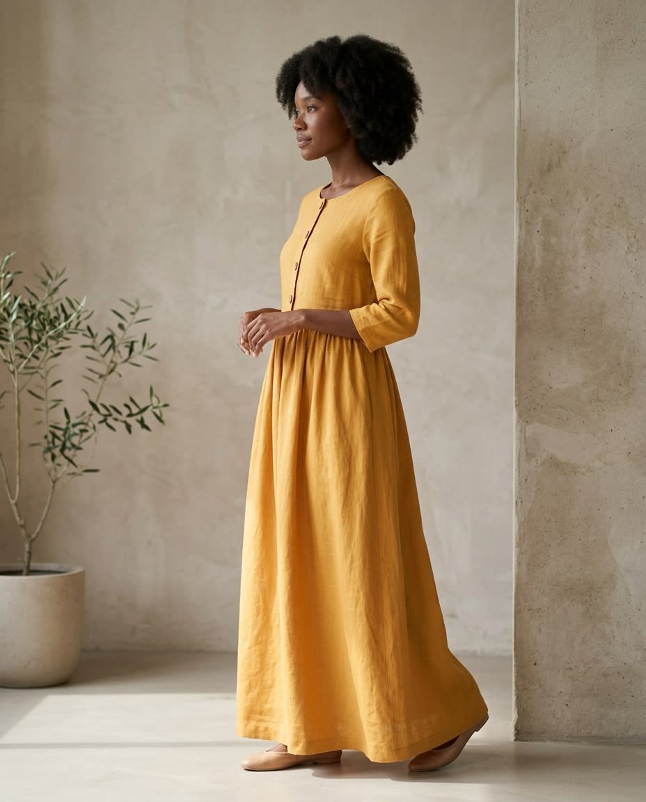 Buttoned Bodice Gathered Linen Midi Dress