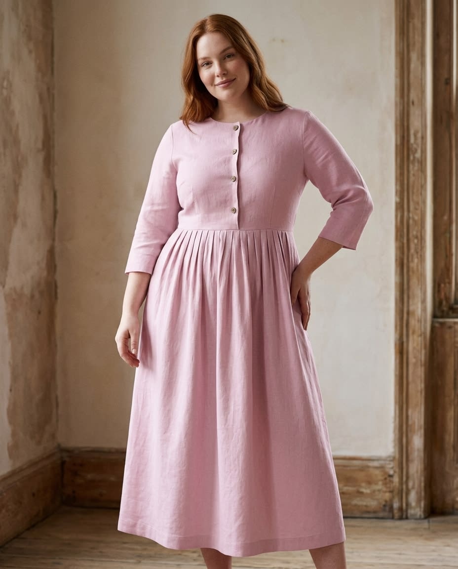 Garden Path Plus Size Buttoned Linen Midi Dress