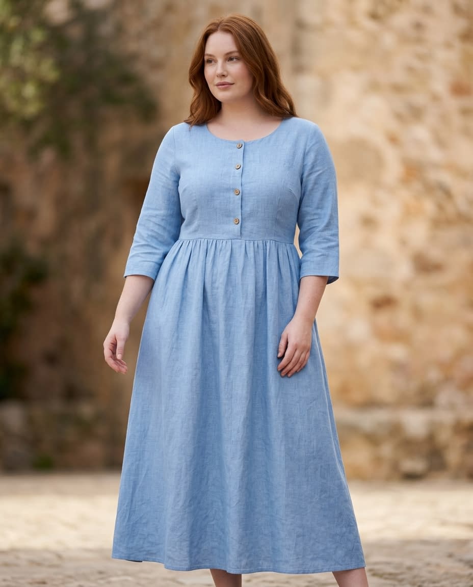 Garden Path Plus Size Buttoned Linen Midi Dress